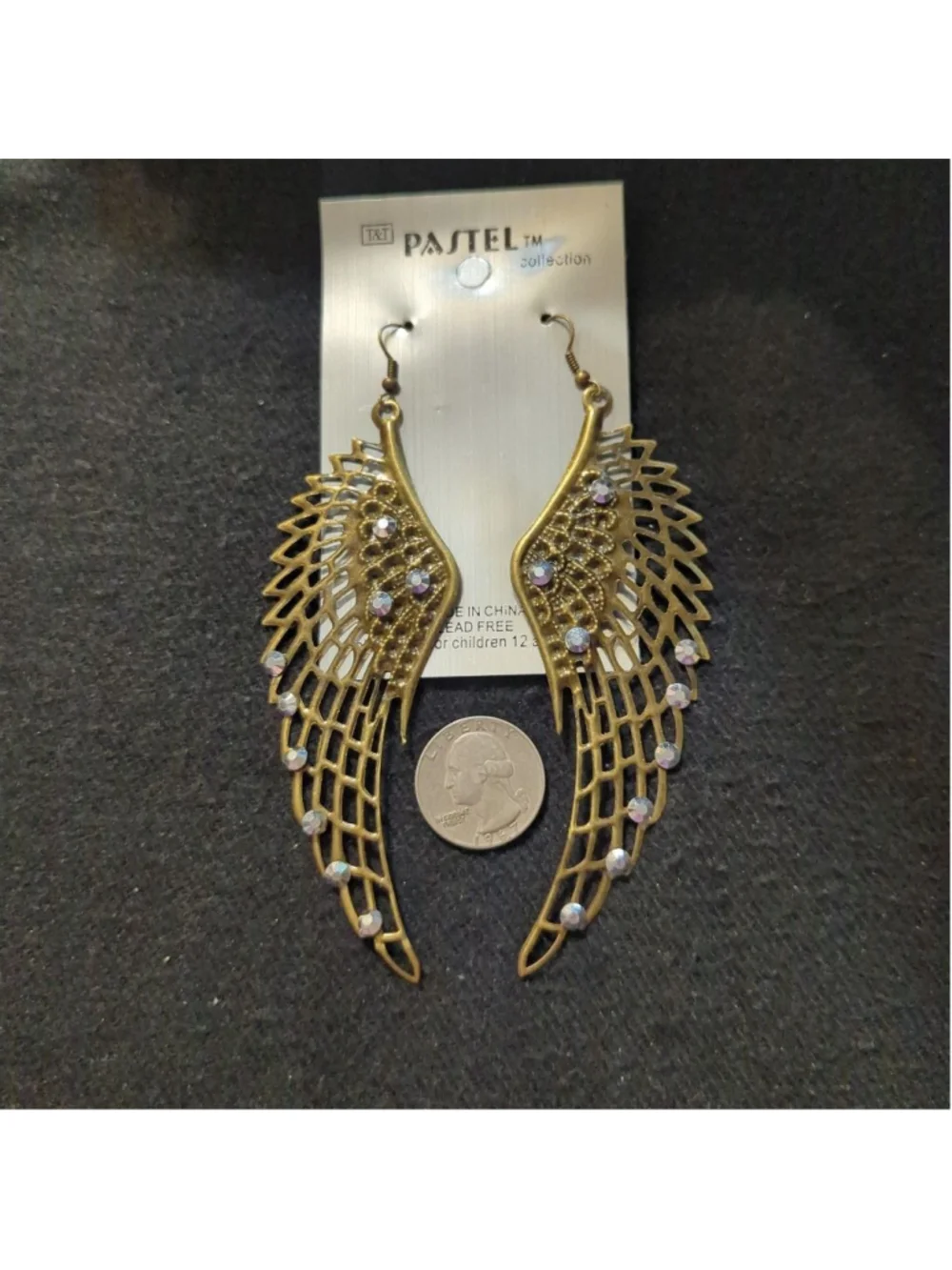 Bronze Tone Angel Wing with Silver Rhinestone Dangle Statement Earrings - Picture 2 of 2